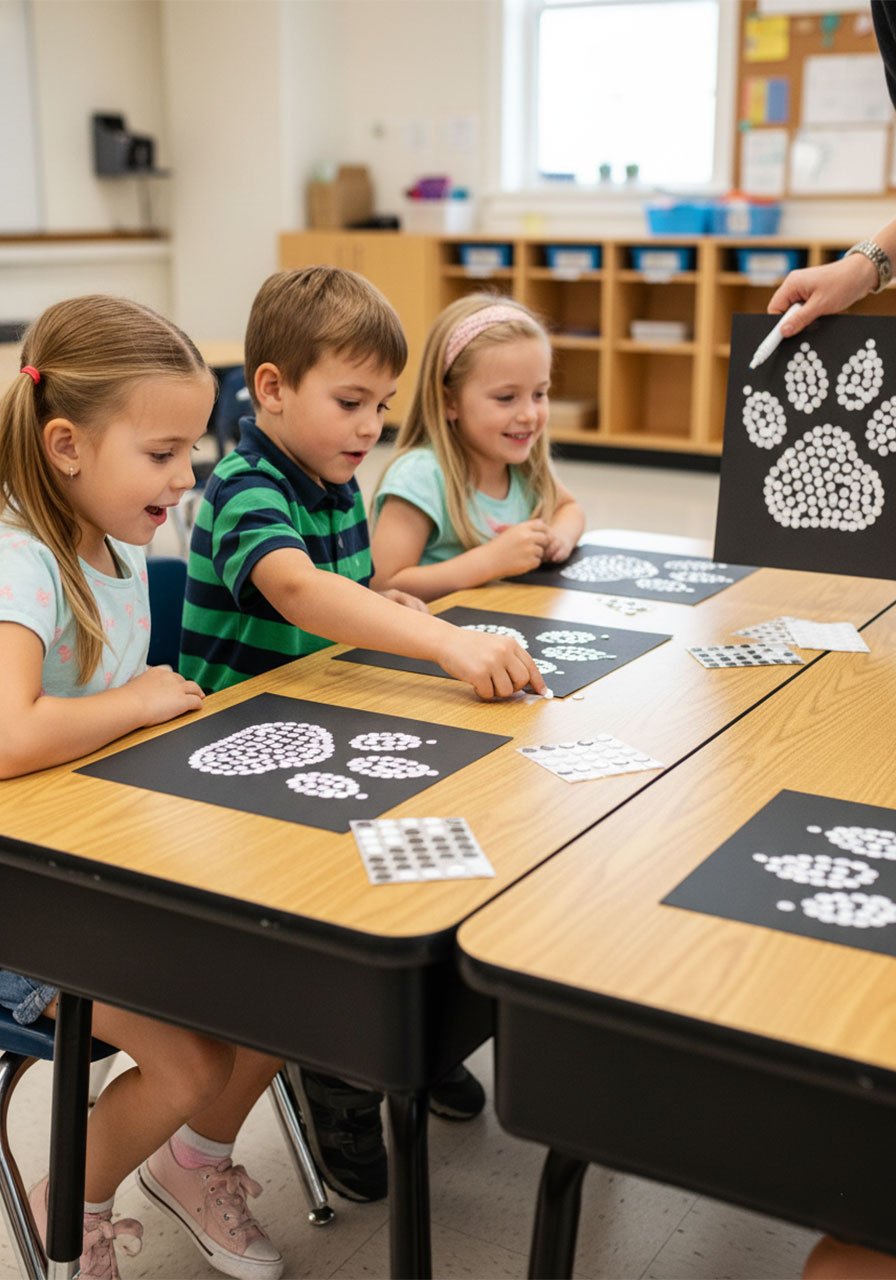 Elementary school children pressing white foam stickers into paw print outline on dark cardstock for simple paw print art craft