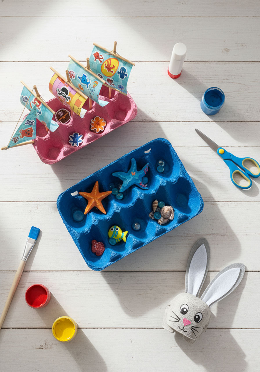 Three completed egg carton crafts for kids — pirate ship, ocean box, and Easter bunny — displayed on a white table with craft supplies