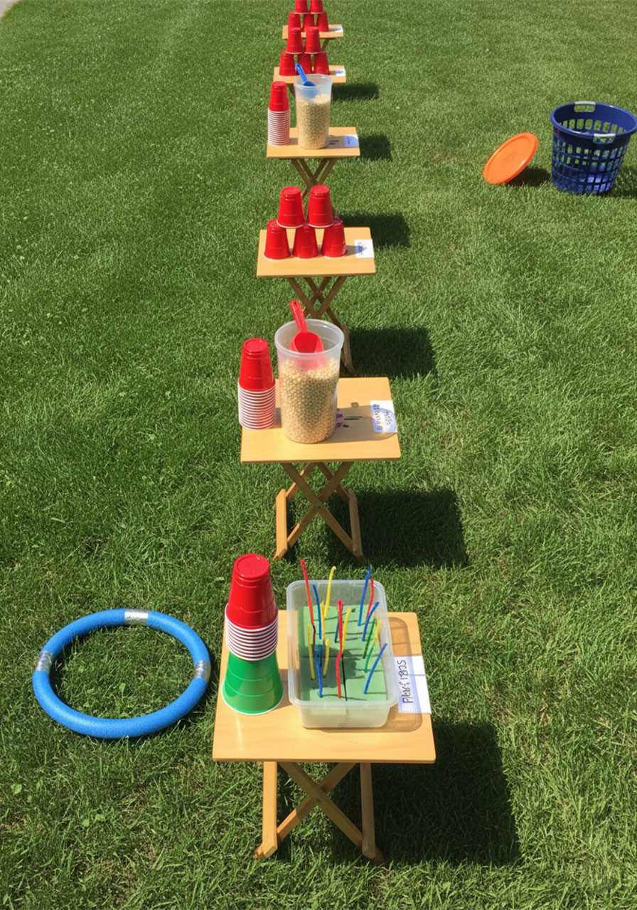 Overhead view of five TV tray tables each set up with different family olympic games supplies on a lawn
