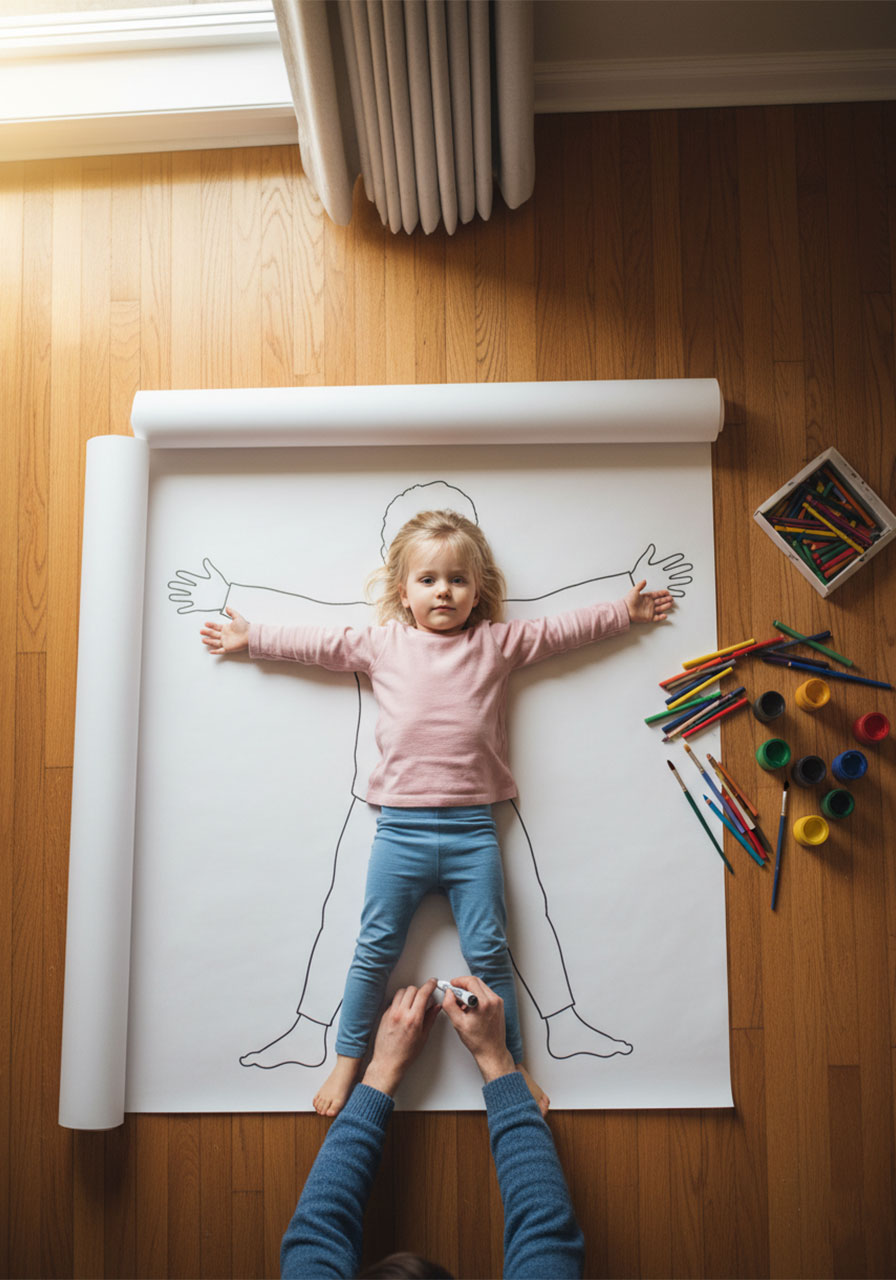 Parent tracing toddler's body outline on large paper for a giant self-portrait craft activity