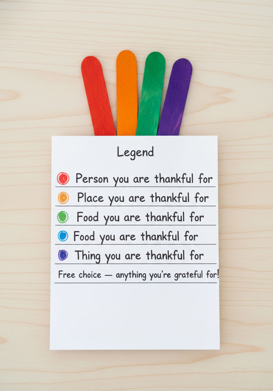 Handwritten gratitude game color key card showing what each stick color means during play