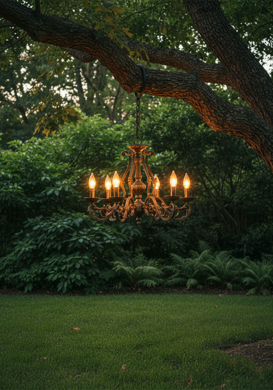DIY solar light chandelier hung from tree branch in backyard – cheap outdoor lighting idea