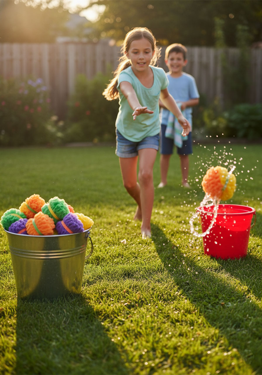 Kids playing sponge bomb bucket toss water game in backyard – tossing colorful soaked sponge bombs into a red target bucket