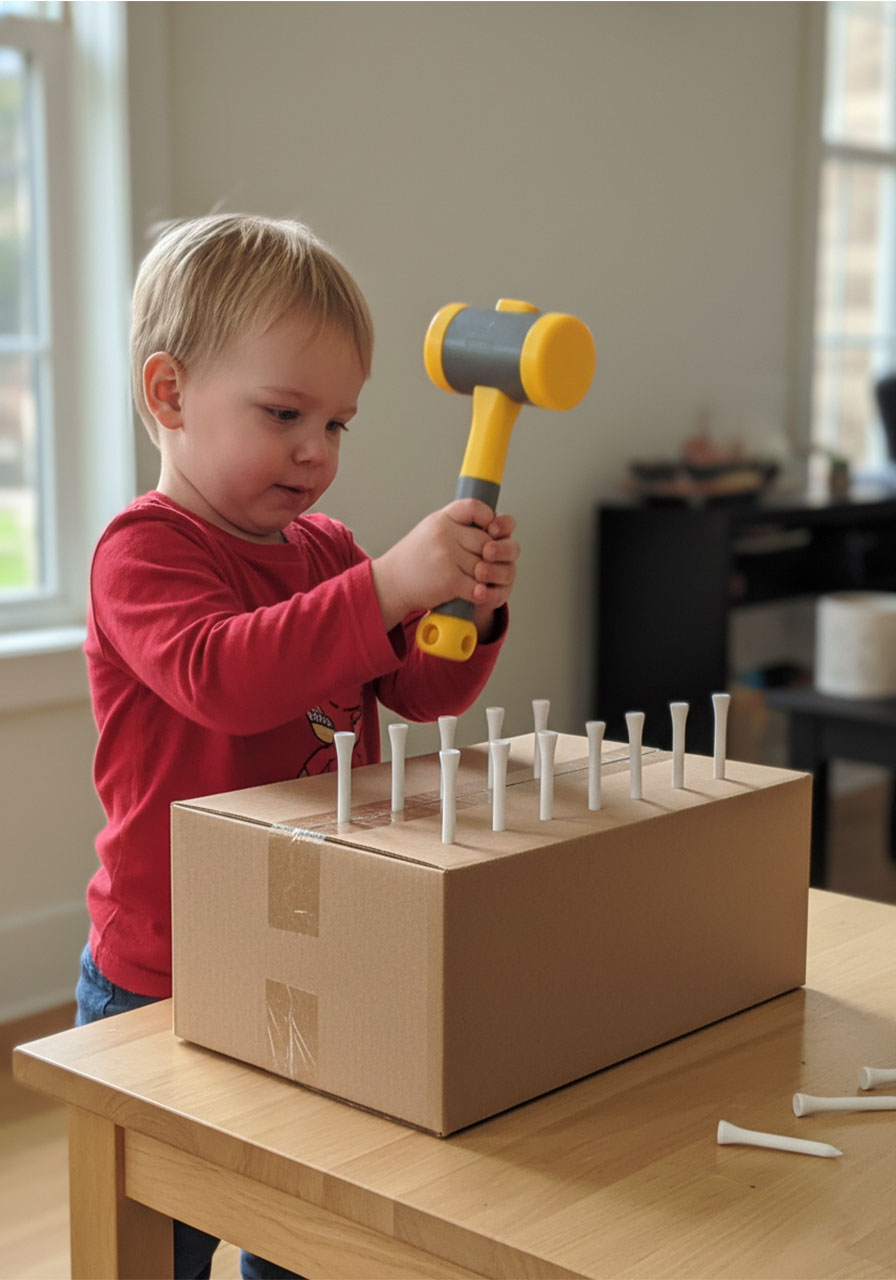 Toddler hammering a row of golf tees into cardboard box with yellow toy hammer – fine motor skill building
