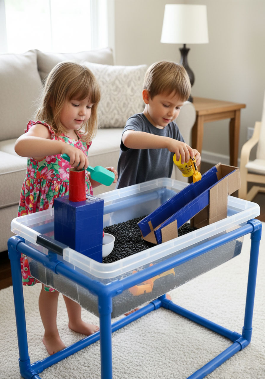 Two young children playing together at a construction truck sensory bin with black beans, cardboard ramp, and toy trucks