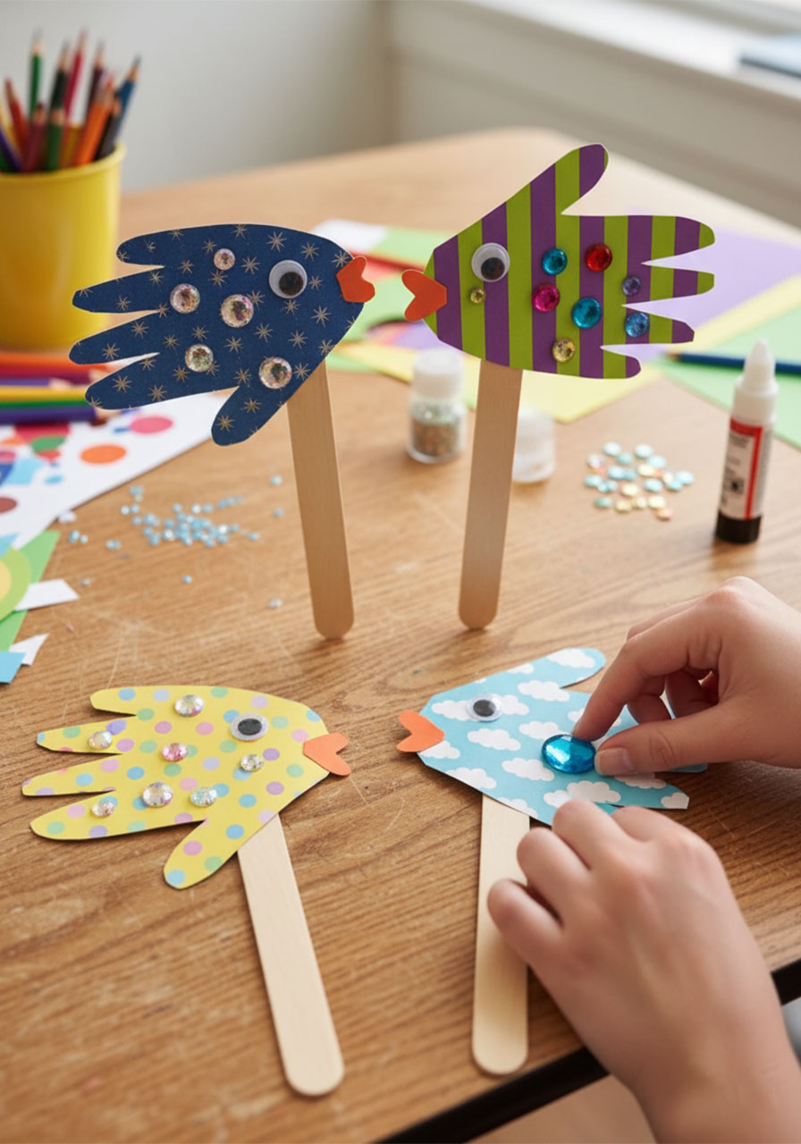 Mother and young child holding hands above a finished handprint fish puppet craft, representing a meaningful keepsake memory made together