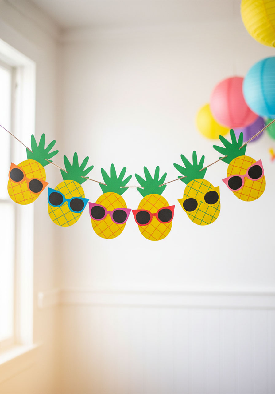 Eight handprint pineapple paper crafts in rainbow colored sunglasses hanging as a summer party garland