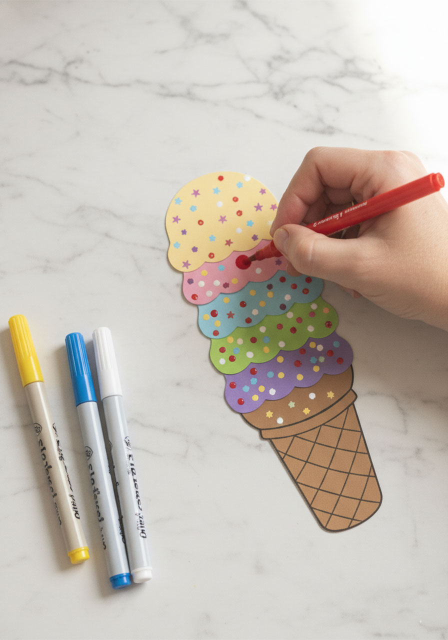 Hand using red acrylic paint pen to add sprinkle dots to ice cream cone name craft scoops
