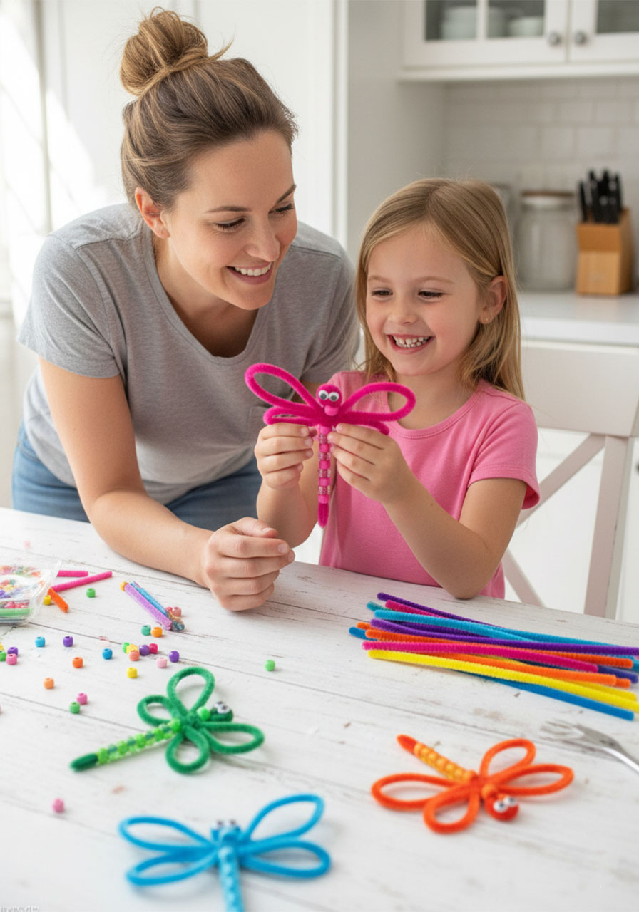 Mom and young daughter smiling while making beaded pipe cleaner dragonflies together at kitchen table