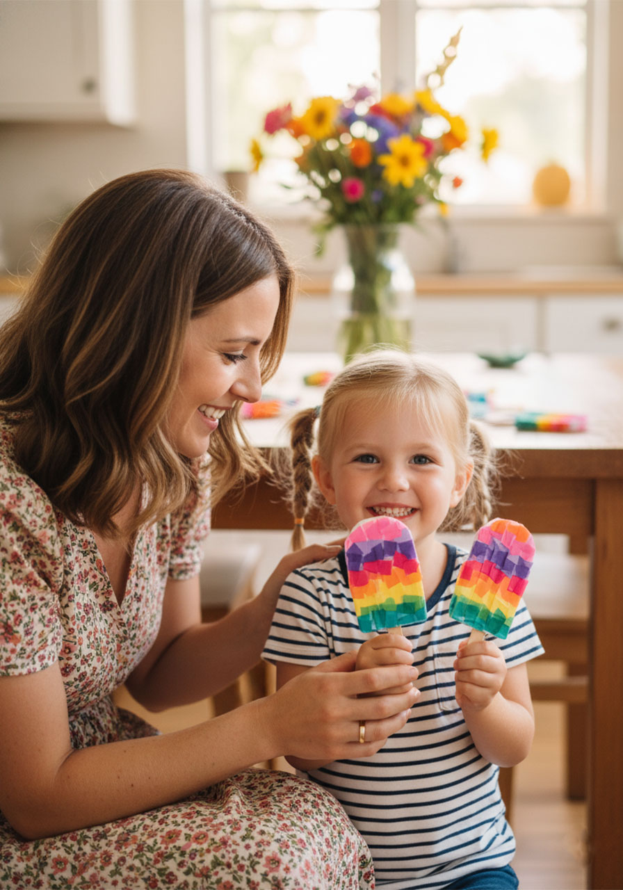 Mom and daughter proudly displaying completed colorful summer popsicle tissue paper crafts