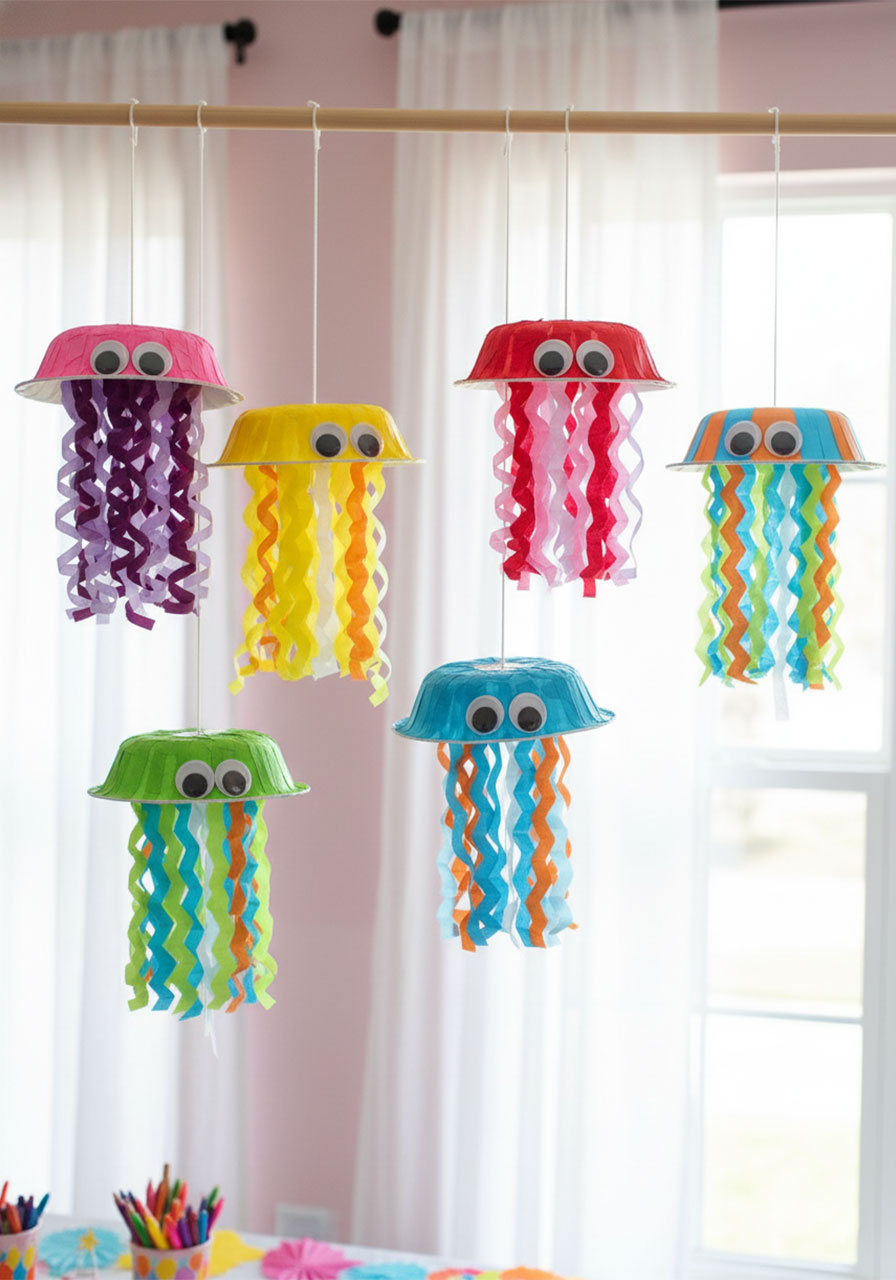 Six colorful paper bowl jellyfish crafts hanging as ocean themed birthday party decorations