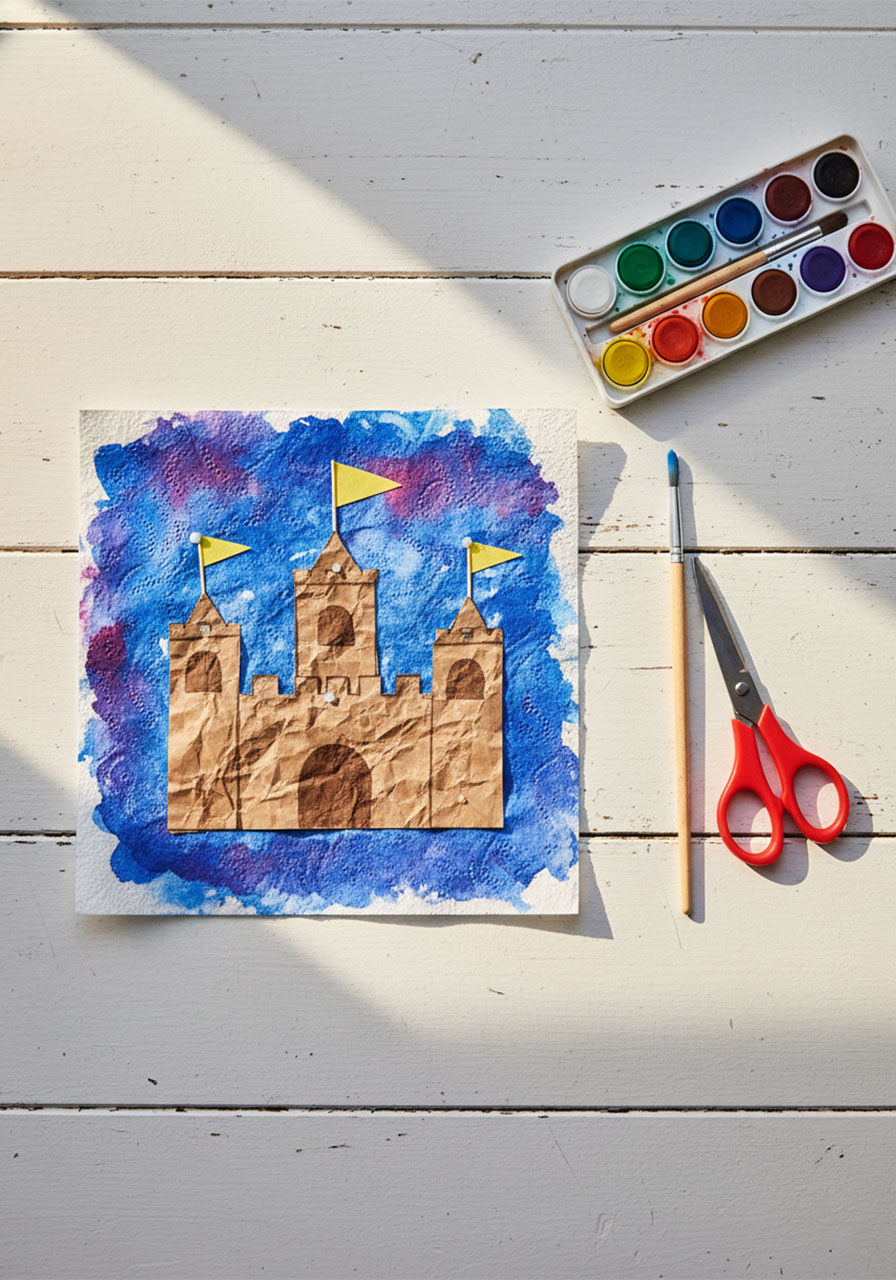Finished sandcastle texture art project for kids made from brown paper bags and watercolors on a white table