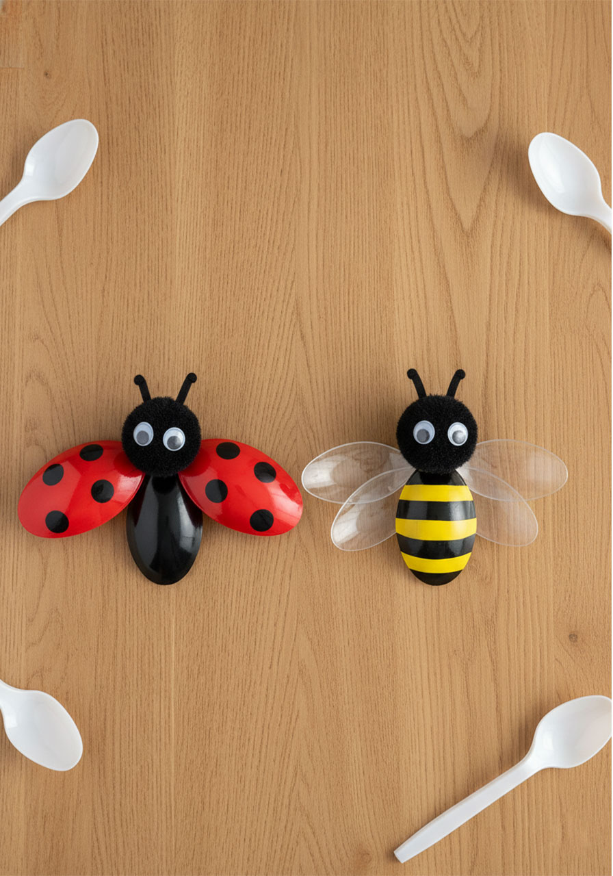 Side-by-side comparison of finished plastic spoon bug craft ladybug and bumblebee on wooden table