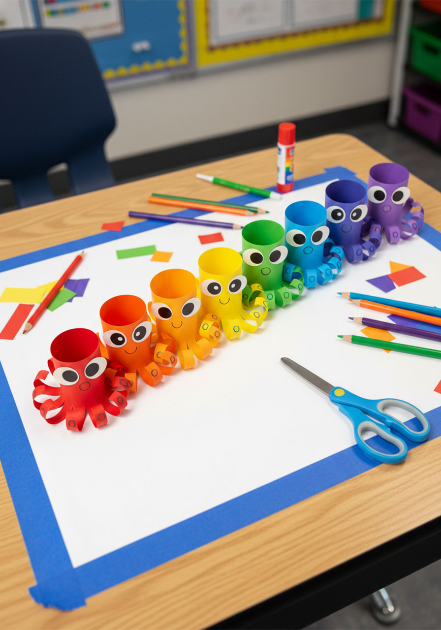 Seven paper octopus kids art crafts arranged in rainbow color order from red to violet, showing creative color variation ideas for the adorable paper octopus craft project VARIATION 3 CLASSROOM